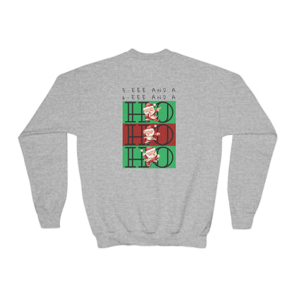 “5-eee and a 6-eee and a Ho, Ho, Ho” YOUTH SWEATSHIRT Crewneck with Playful Dancing Santa Front & Back – Festive Christmas Dance Sweatshirt for Dancers & Studios