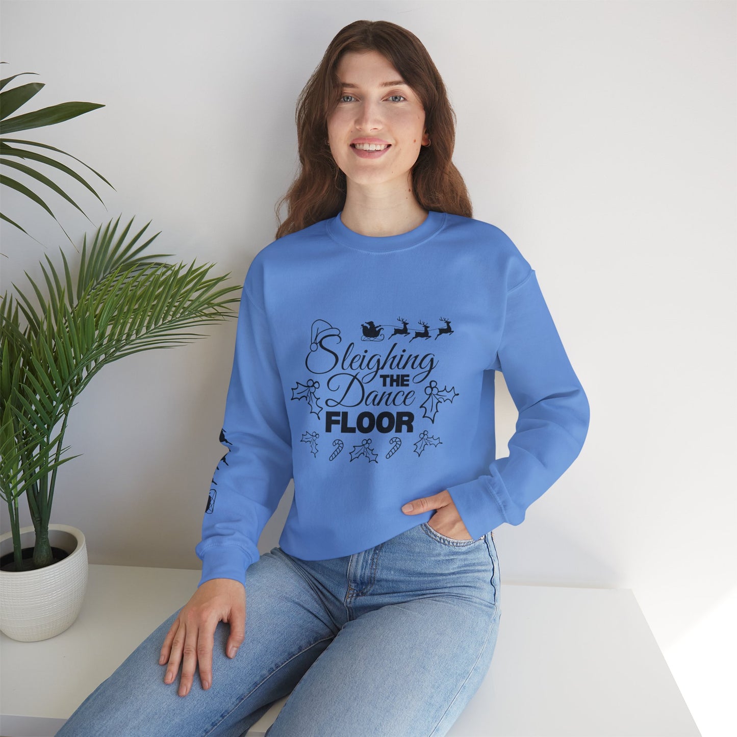 “Sleighing the Dance Floor” ADULT SWEATSHIRT Unisex Heavy Blend Crewneck – Festive Christmas Dance Sweatshirt with Santa’s Sleigh & Reindeer Arm Design, Perfect for Dancers & Studios