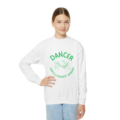 “Dancer, Santa’s Favorite Reindeer” YOUTH SWEATSHIRT Crewneck with Vintage Reindeer Graphic – Festive Christmas Dance Sweatshirt for Dancers & Holiday Events