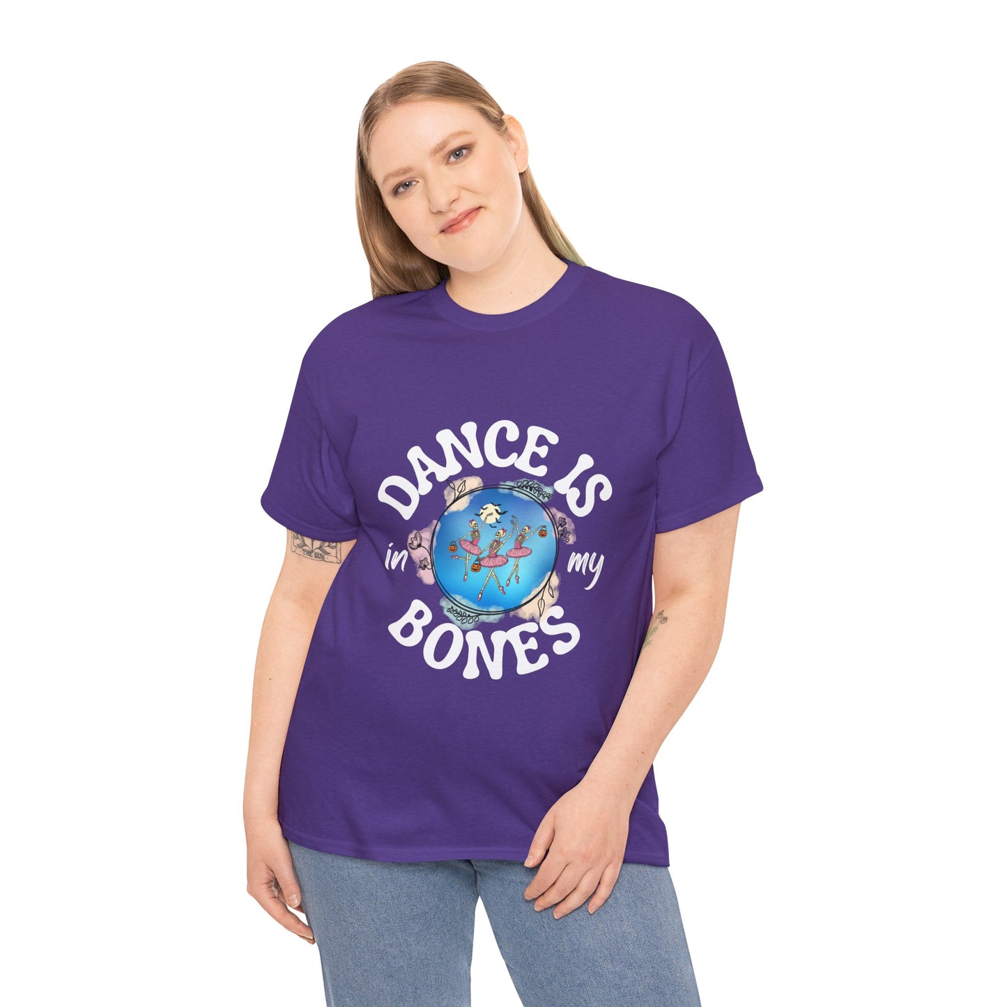“Dance Is in My Bones” Halloween Dance T-Shirt with Dancing Skeletons Graphic - Unisex Heavy Cotton Tee