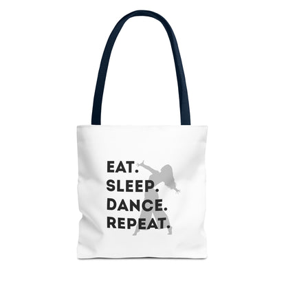 "Eat Sleep Dance Repeat" Canvas Tote Bag – Gray Dancer Silhouette Dance-Themed Reusable Shoulder Bag for Dancers, Studio, or Everyday Use