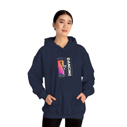 Dancing” Text with Streetwear-Style Female Dancer Graphic - Unisex Heavy Blend™ Hooded Sweatshirt – Cozy Dance Hoodie for Ballet & Hip-Hop Enthusiasts
