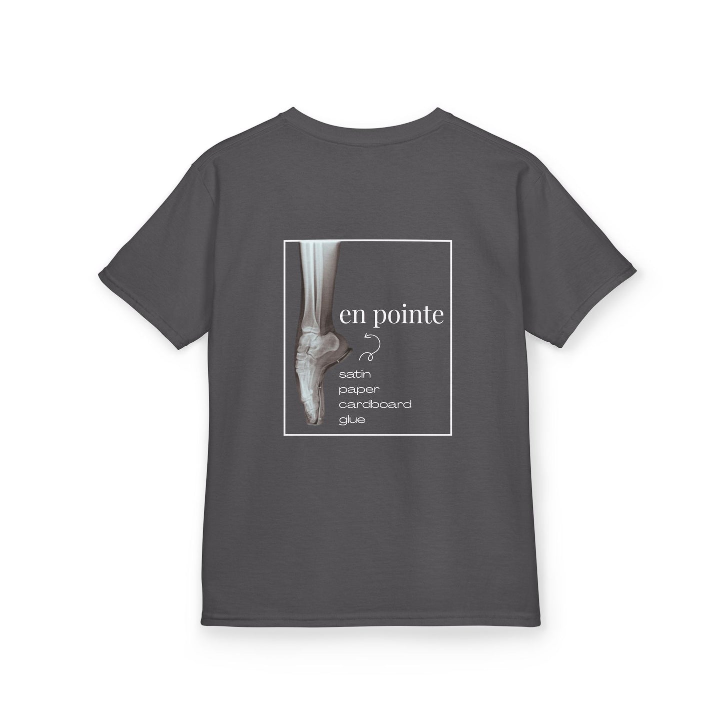“I Dance En Pointe” Youth Short Sleeve Tee with X-Ray Ballet Foot Graphic – Personalized Dance T-Shirt for Kids, Custom Name or Studio Option