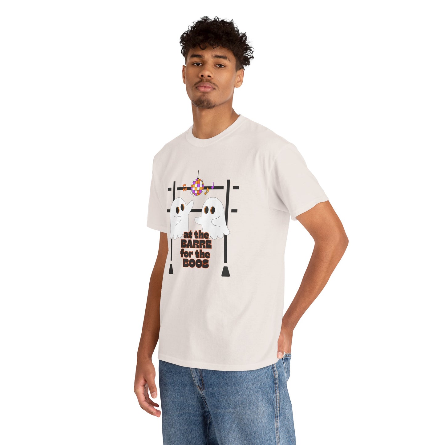 “At the Barre for the Boos” Dance Halloween T-Shirt with Cute Ghost Ballet Graphics - Unisex Heavy Cotton Tee