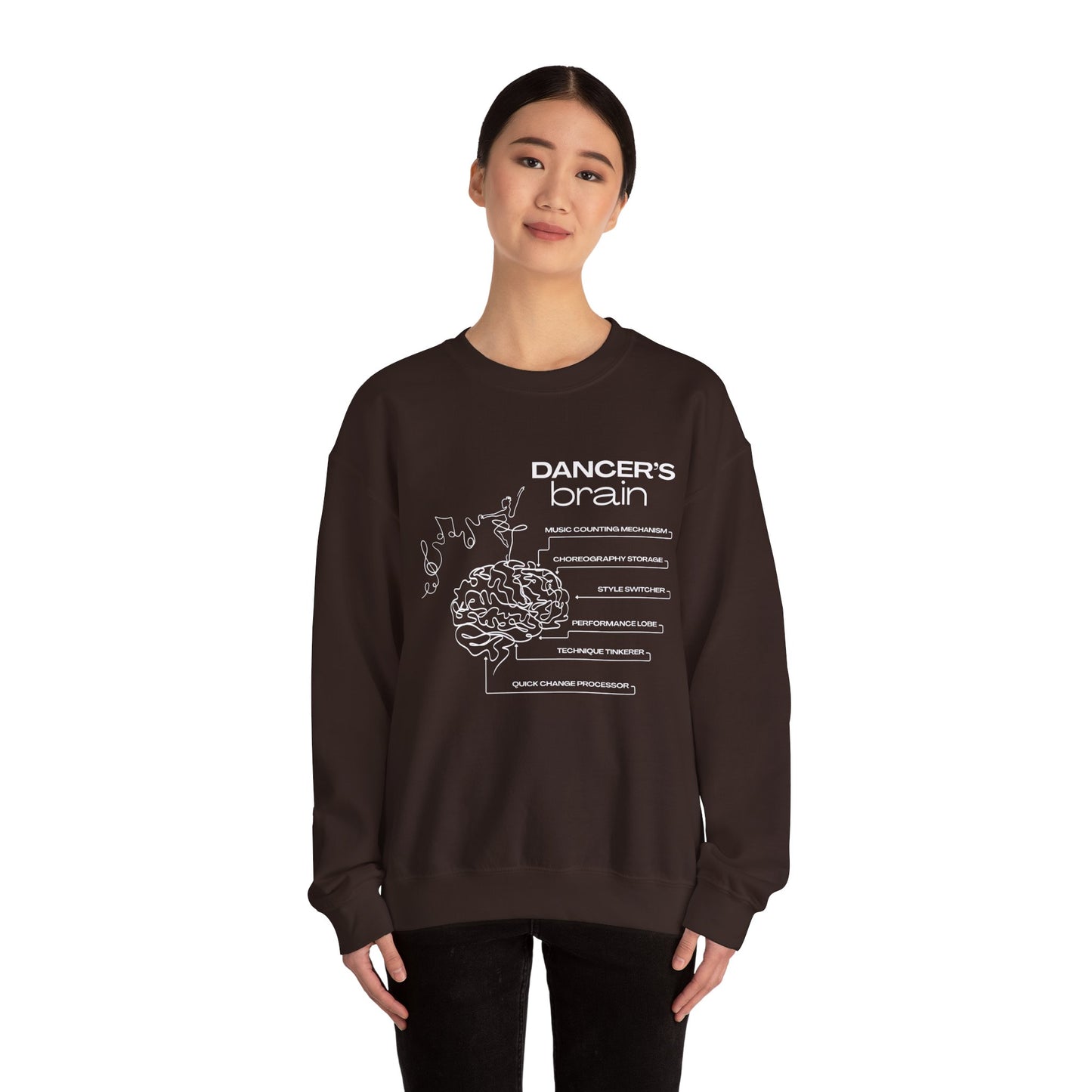“Dancer’s Brain” Funny Dance Anatomy Sweatshirt – Unisex Heavy Blend Crewneck with Optional Name or Studio Personalization