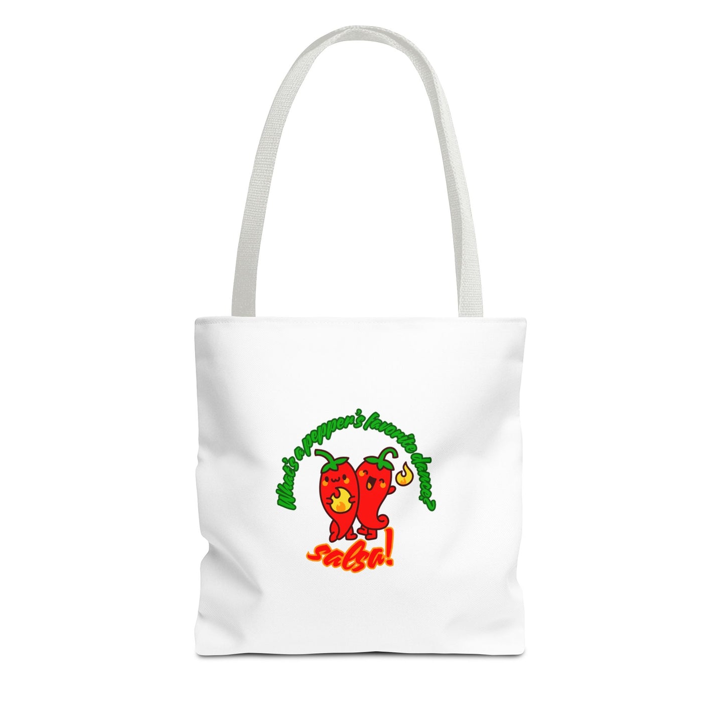 “What’s a Pepper’s Favorite Dance? Salsa!” Salsa Dance Pun Tote Bag – Funny Kawaii Pepper Graphic Canvas Bag for Dancers & Food Lovers