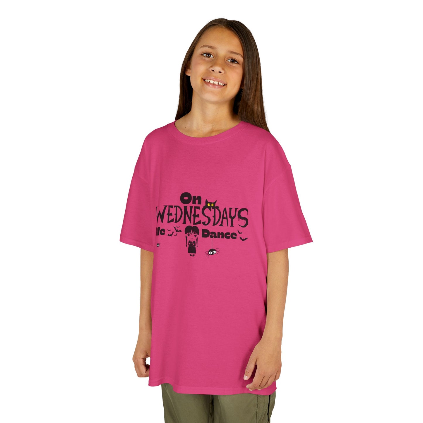 “On Wednesdays We Dance” Gothic Halloween T-Shirt with Cute Girl, Black Cat, Spiders & Bats - Kids Heavy Cotton™ Tee