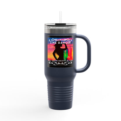 "Line Dancer, Get Your Boots In Line" 40oz Insulated Travel Mug – Cowgirl Dance-Themed Tumbler for Country Western Lovers