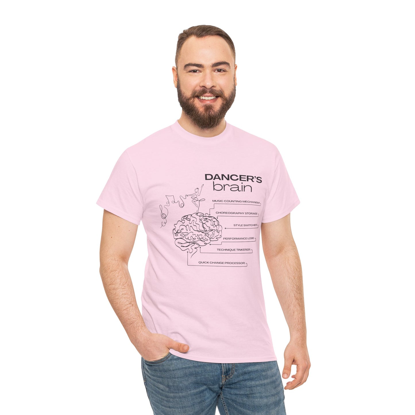 “Dancer’s Brain” Funny Dance Anatomy T-Shirt – Unisex Heavy Cotton Tee with Cute Dancer Brain Diagram and Optional Back Personalization