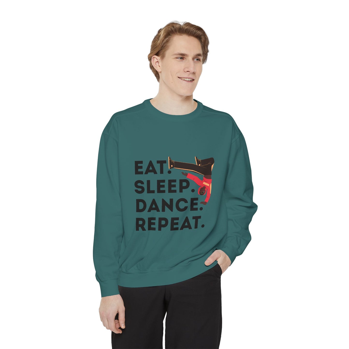 "Eat, Sleep, Dance, Repeat." Unisex Lightweight Crewneck Sweatshirt – Bold B-Boy Graphic Pullover for Hip-Hop Dancers & Street Style Fans