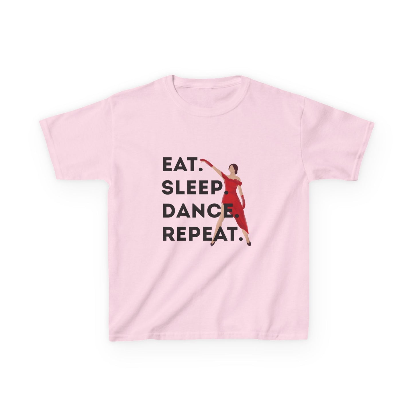 "Eat Sleep Dance Repeat” Youth Short Sleeve Tee – Bold Dancer Graphic Dance Shirt for Kids and Young Performers