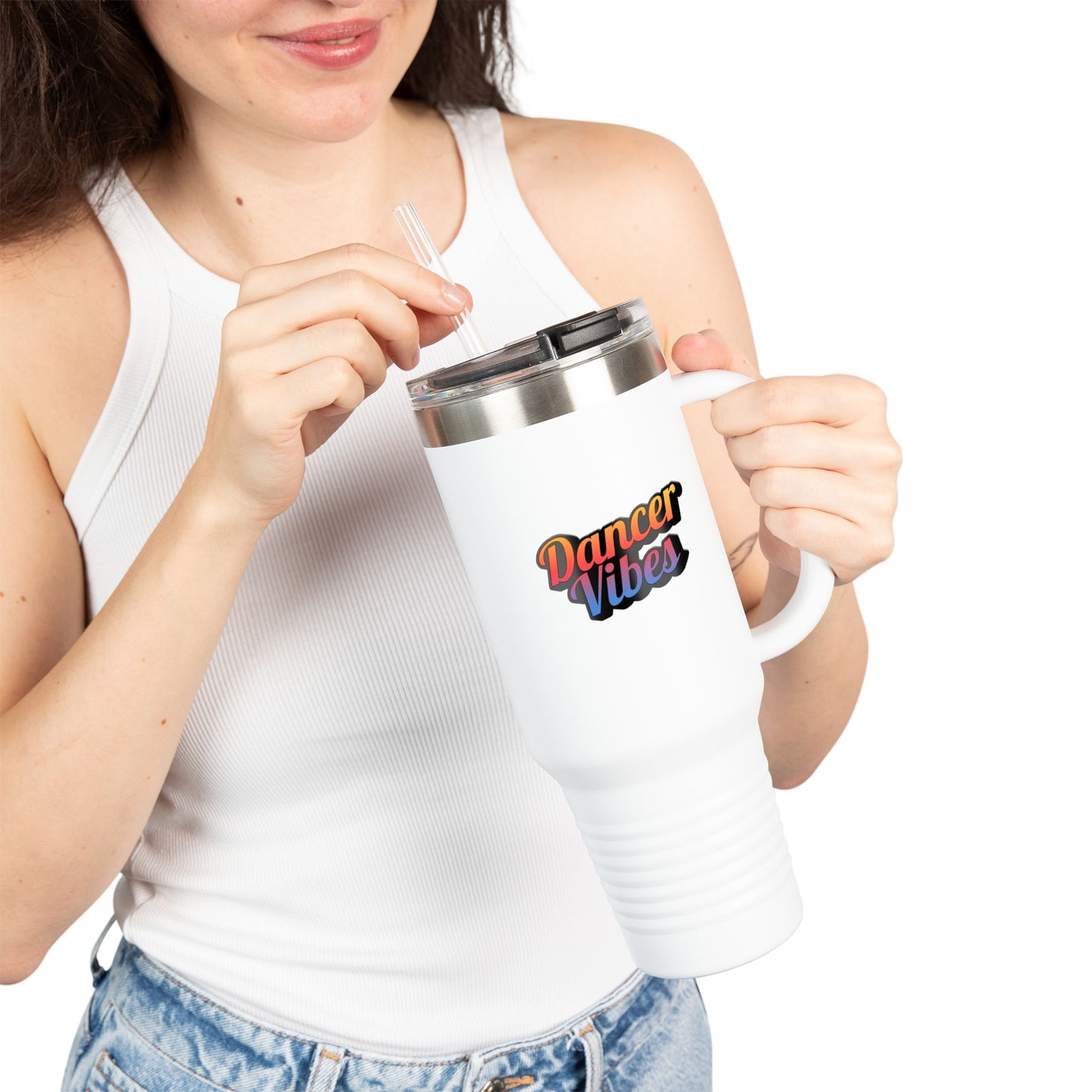 "Dancer Vibes" 40oz Insulated Travel Mug – Retro-Inspired Stainless Steel Tumbler for Dance Lovers | Hot & Cold Beverage Travel Cup with Handle and Leak-Proof Lid