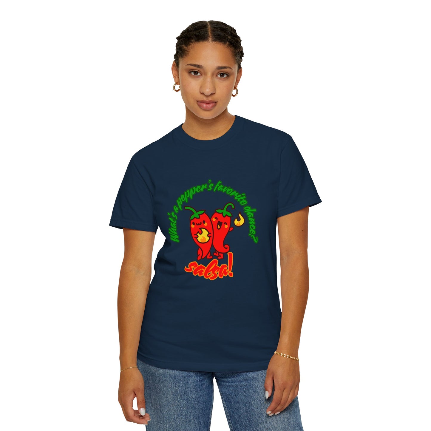 "What's a Pepper's Favorite Dance? Salsa!" Dance Pun Unisex Garment-Dyed T-Shirt – Funny Dance Joke Tee with Cute Pepper Graphic – Dance Humor Shirt for Food & Pun Lovers