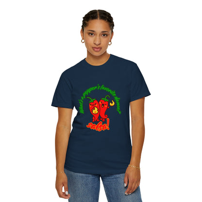"What's a Pepper's Favorite Dance? Salsa!" Dance Pun Unisex Garment-Dyed T-Shirt – Funny Dance Joke Tee with Cute Pepper Graphic – Dance Humor Shirt for Food & Pun Lovers