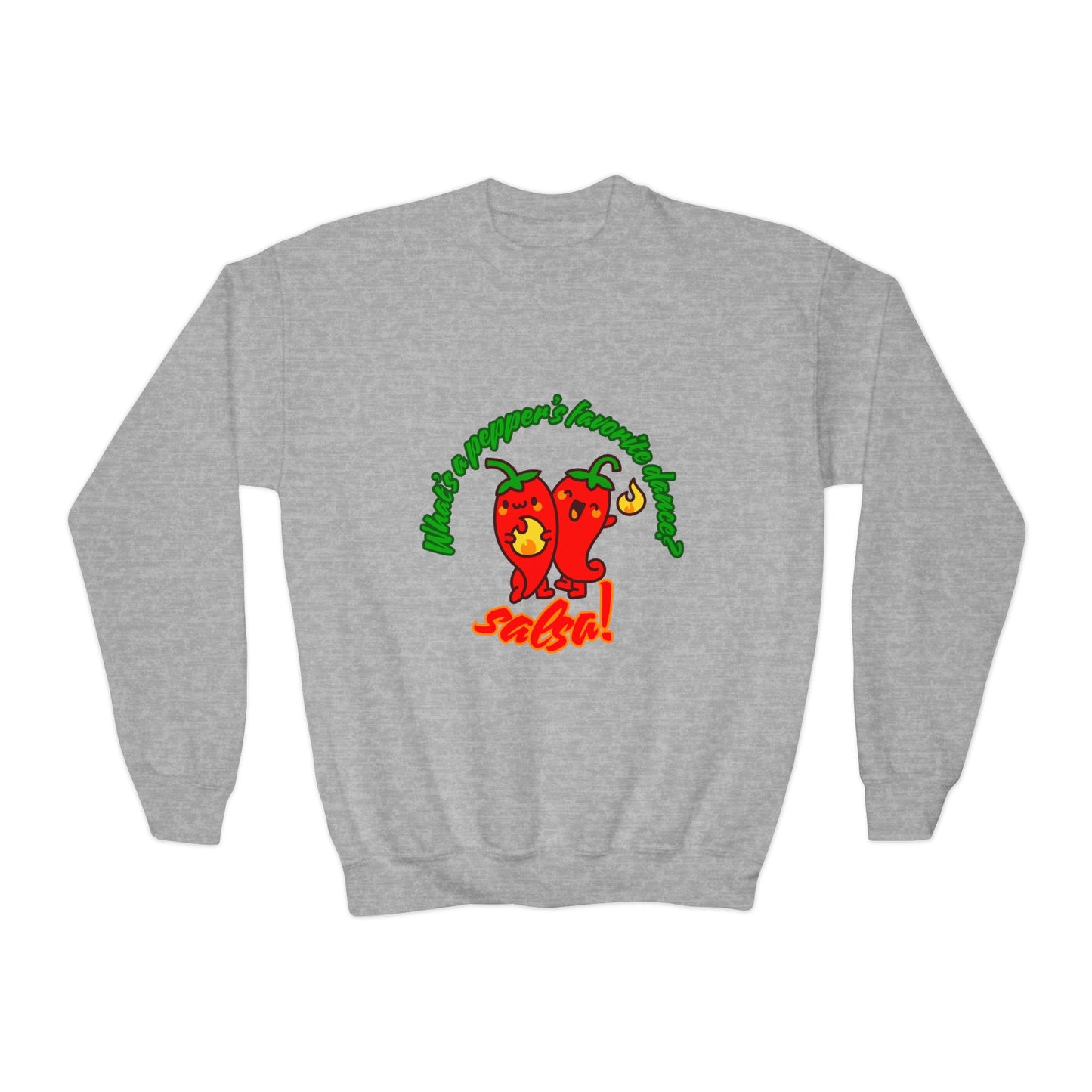 "What's a pepper's favorite dance?  Salsa!" – Funny Dance Pun Youth Crewneck Sweatshirt | Cute Pepper Graphic Kids Pullover for Dancers