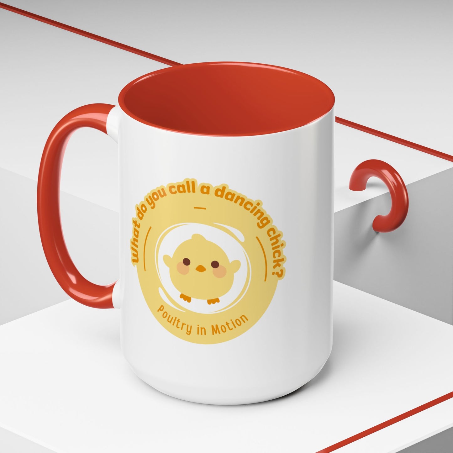 "What Do You Call a Dancing Chick? Poultry in Motion" Accent Coffee Mug – Funny Dance Pun Ceramic Mug for Dancers and Chick Enthusiasts