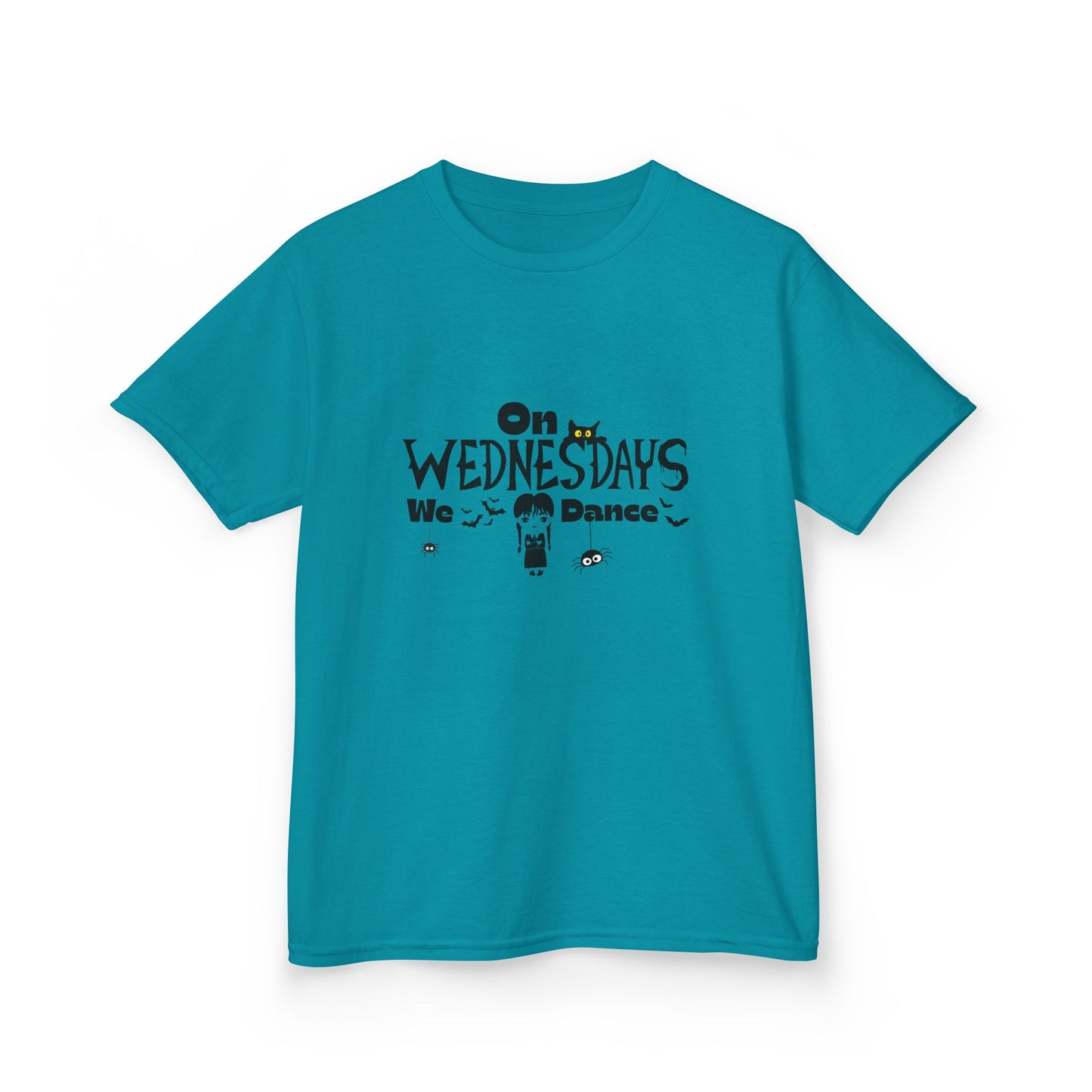 “On Wednesdays We Dance” Gothic Halloween T-Shirt with Cute Girl, Black Cat, Spiders & Bats - Kids Heavy Cotton™ Tee