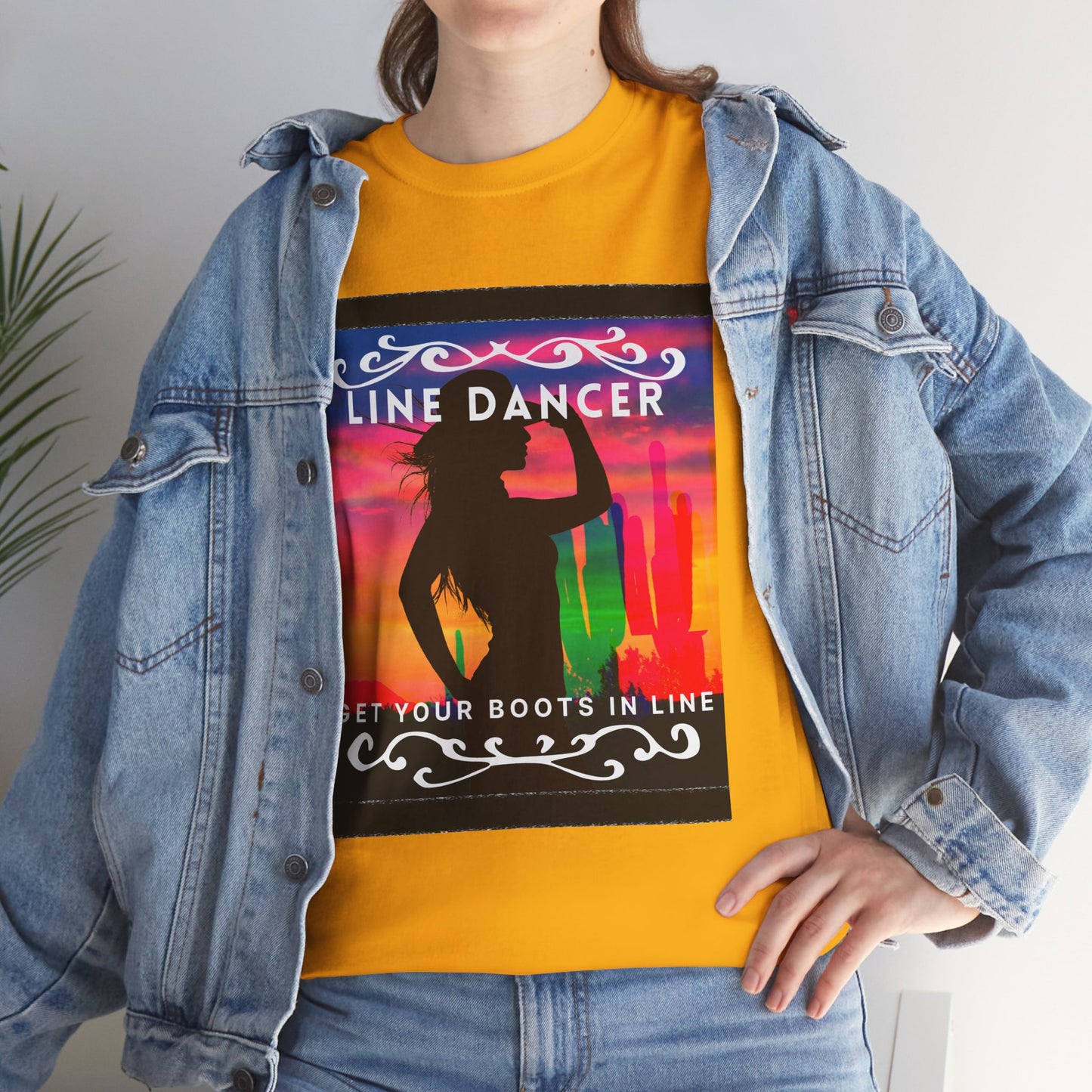 "Line Dancer" Unisex Heavy Cotton T-Shirt – Western Country Dance Graphic Tee – 'Get Your Boots in Line' Cowboy-Inspired Shirt