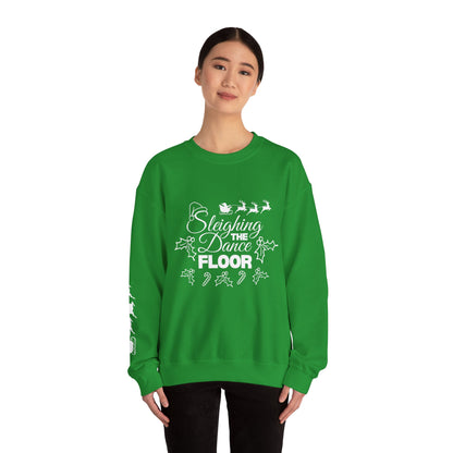 “Sleighing the Dance Floor” ADULT SWEATSHIRT Unisex Heavy Blend Crewneck – Festive Christmas Dance Sweatshirt with Santa’s Sleigh & Reindeer Arm Design, Perfect for Dancers & Studios