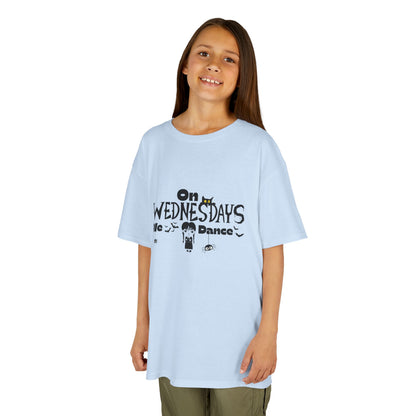 “On Wednesdays We Dance” Gothic Halloween T-Shirt with Cute Girl, Black Cat, Spiders & Bats - Kids Heavy Cotton™ Tee