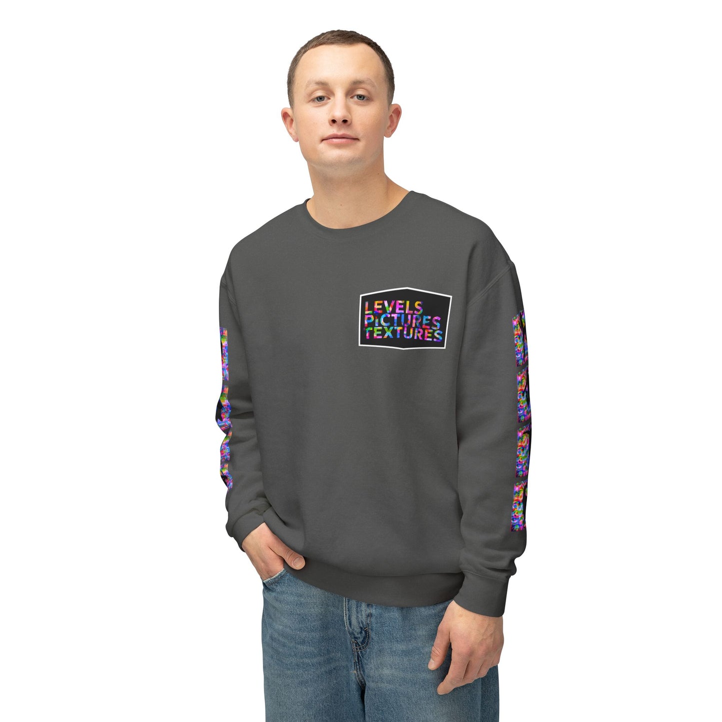Levels Premium Collection Dance Crewneck Sweatshirt – Vibrant Unisex Streetwear Pullover with "Levels Pictures Textures" Front Text and Dancer Silhouettes on Sleeves