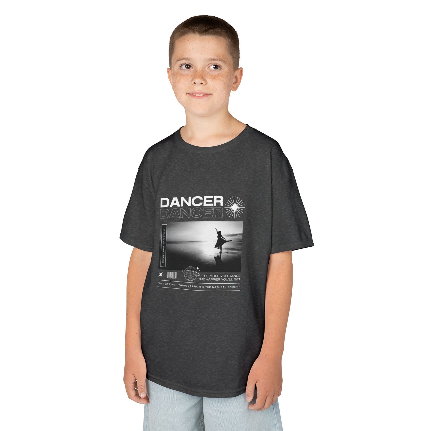 "Dancer" Arabesque on the Beach – Youth Short Sleeve Dance Tee in Streetwear-Inspired Style