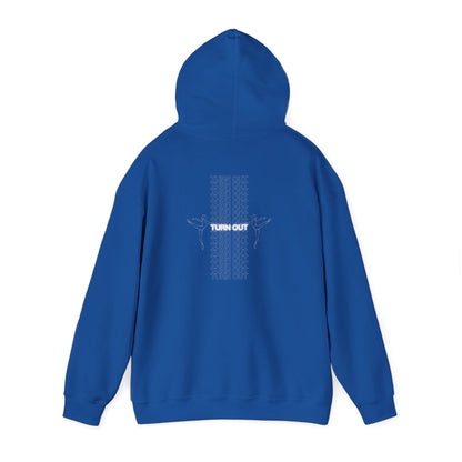 "Turn Out" Ballet Hoodie – Unisex Heavy Blend™ Hooded Sweatshirt with Front & Back Ballerina Graphics for Dancers