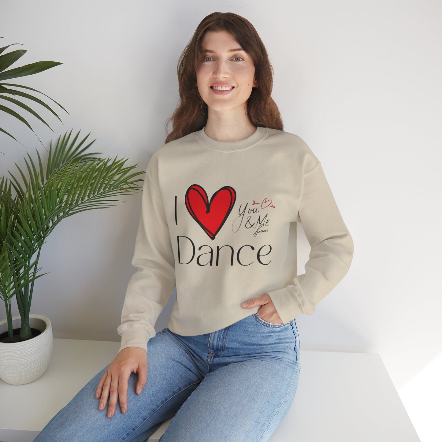 "I Love Dance" Unisex Crewneck Sweatshirt – Hand-Drawn Heart & Note Graphic Dance Lover Pullover