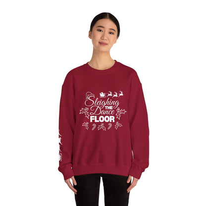 “Sleighing the Dance Floor” ADULT SWEATSHIRT Unisex Heavy Blend Crewneck – Festive Christmas Dance Sweatshirt with Santa’s Sleigh & Reindeer Arm Design, Perfect for Dancers & Studios