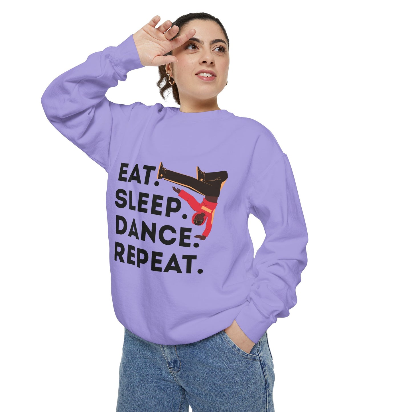 "Eat, Sleep, Dance, Repeat." Unisex Lightweight Crewneck Sweatshirt – Bold B-Boy Graphic Pullover for Hip-Hop Dancers & Street Style Fans