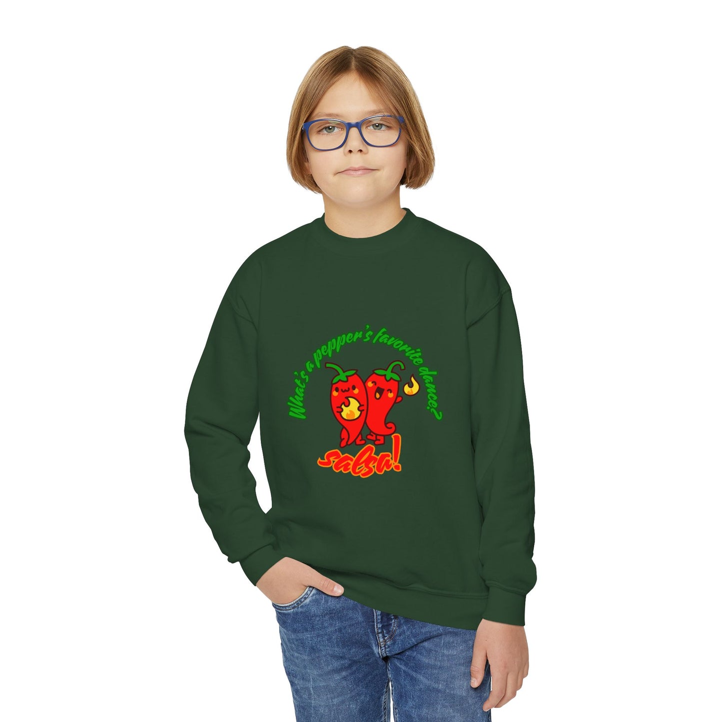 "What's a pepper's favorite dance?  Salsa!" – Funny Dance Pun Youth Crewneck Sweatshirt | Cute Pepper Graphic Kids Pullover for Dancers