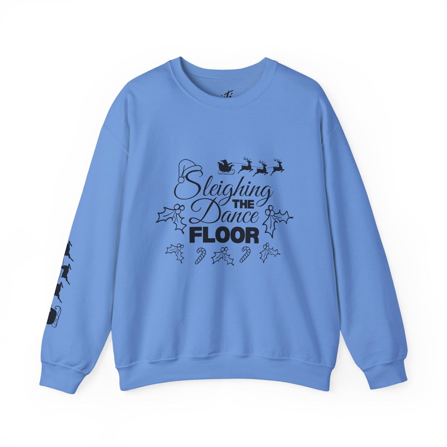 “Sleighing the Dance Floor” ADULT SWEATSHIRT Unisex Heavy Blend Crewneck – Festive Christmas Dance Sweatshirt with Santa’s Sleigh & Reindeer Arm Design, Perfect for Dancers & Studios