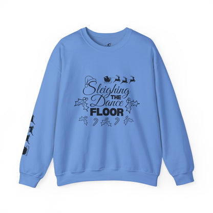 “Sleighing the Dance Floor” ADULT SWEATSHIRT Unisex Heavy Blend Crewneck – Festive Christmas Dance Sweatshirt with Santa’s Sleigh & Reindeer Arm Design, Perfect for Dancers & Studios