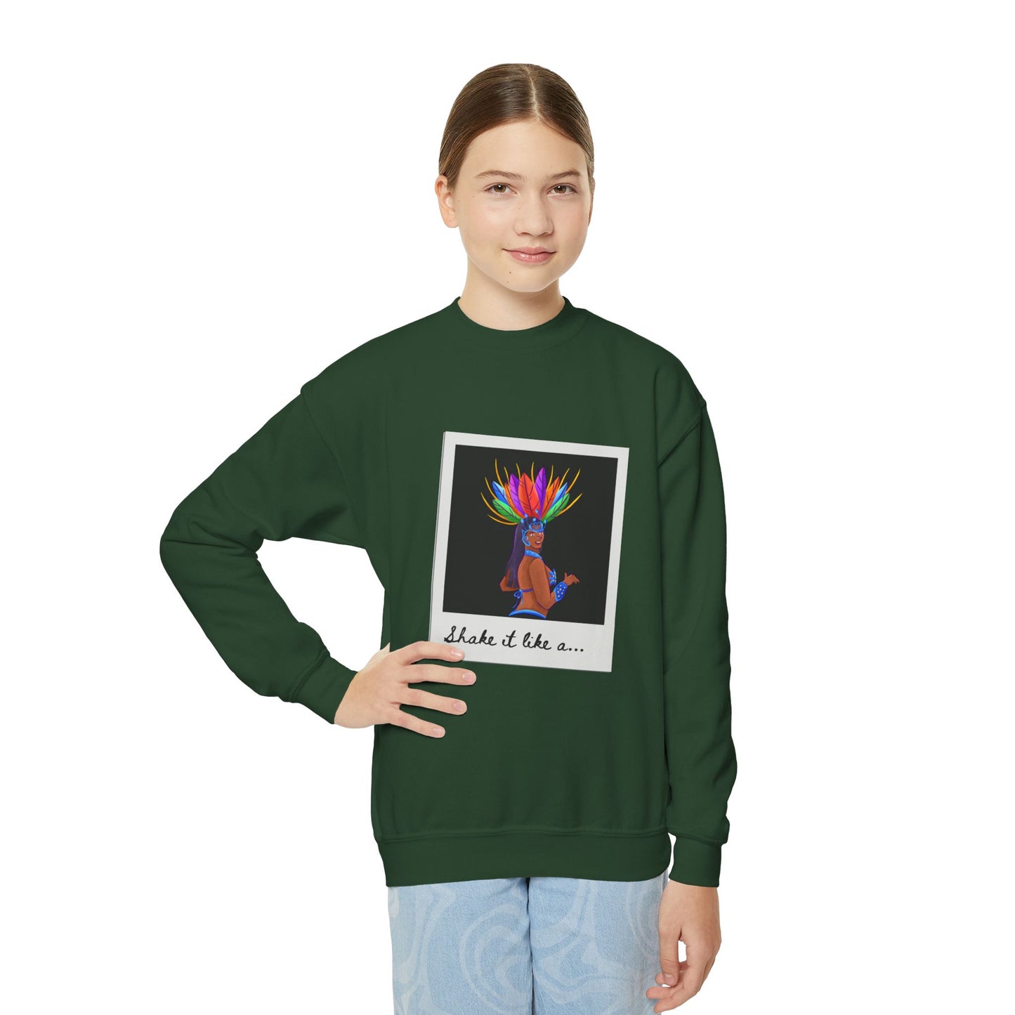 "Shake It Like a..." Youth Crewneck Sweatshirt – Carnival-Inspired Samba Dancer Graphic Pullover for Kids and Teens