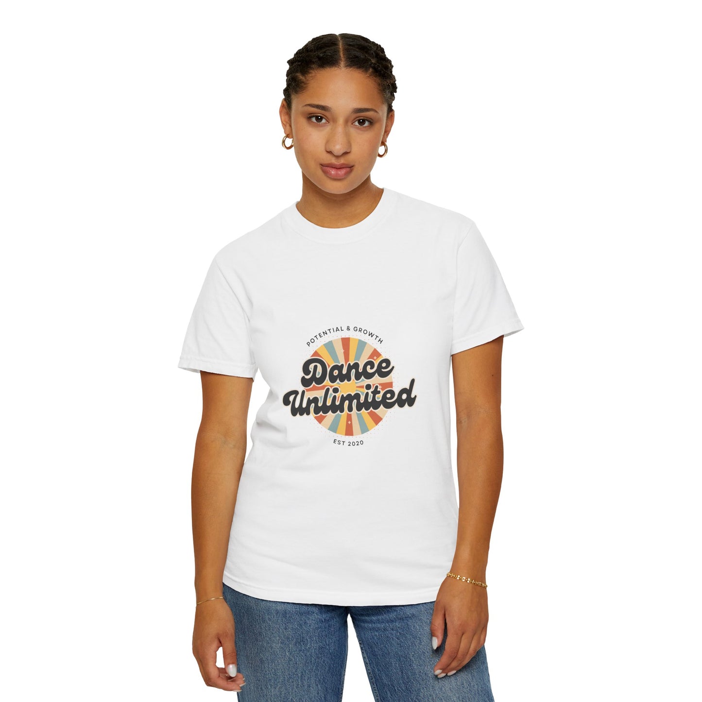 "Dance Unlimited, Potential & Growth" Unisex Garment-Dyed T-Shirt – Retro-Inspired Dance Motivation Graphic Tee – Inspirational Shirt for Dancers"