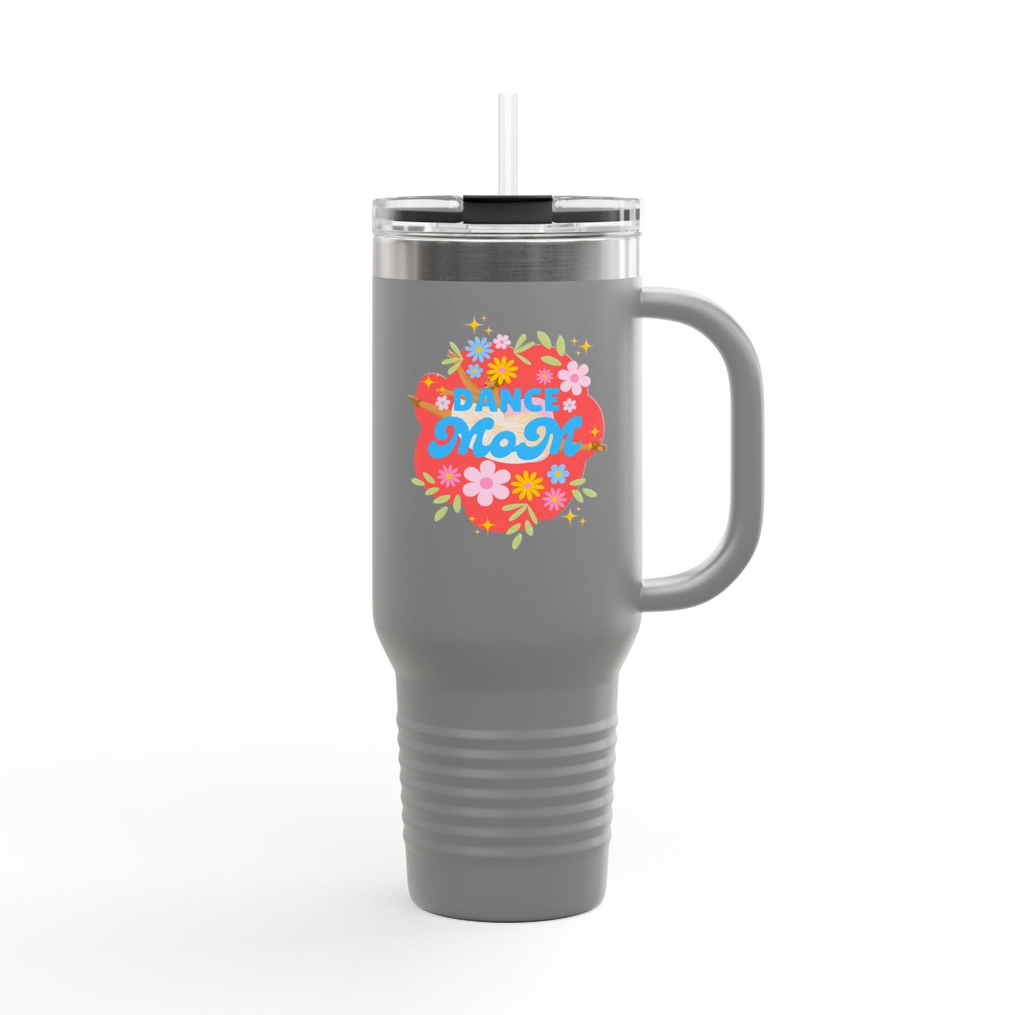"Dance Mom" 40oz Insulated Travel Mug – Floral Graphic with Costume Designer, Makeup Artist, Chauffeur Text – Funny Dance Mom Gift Tumbler