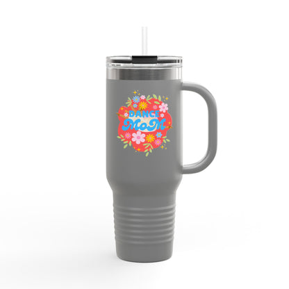"Dance Mom" 40oz Insulated Travel Mug – Floral Graphic with Costume Designer, Makeup Artist, Chauffeur Text – Funny Dance Mom Gift Tumbler