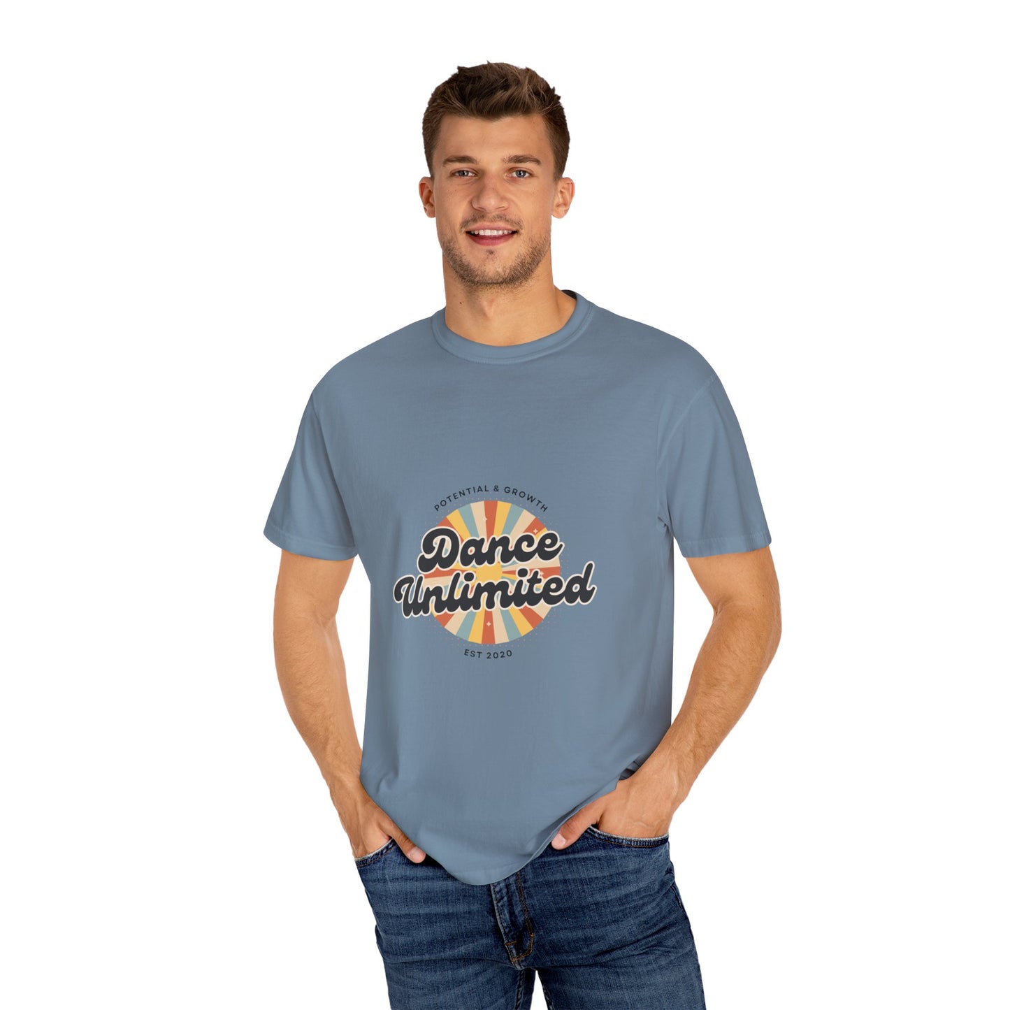"Dance Unlimited, Potential & Growth" Unisex Garment-Dyed T-Shirt – Retro-Inspired Dance Motivation Graphic Tee – Inspirational Shirt for Dancers"
