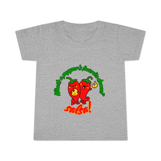 "What Is a Pepper's Favorite Dance? Salsa!" Toddler Dance T-Shirt – Cute Pepper Pun Graphic Short Sleeve Tee for Kids