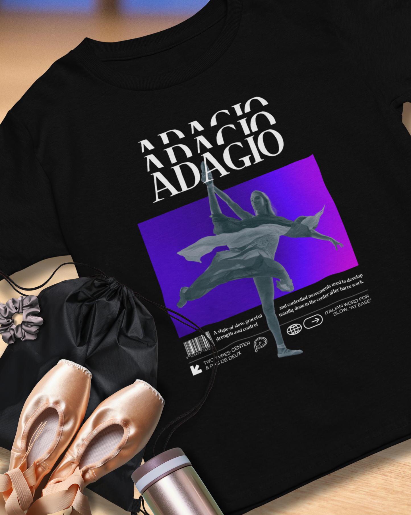 “Adagio” Ballet Term Definition with Streetwear-Inspired Ballerina Graphic | Dance-Themed T-Shirt for Ballet Lovers | Unisex Heavy Cotton Tee