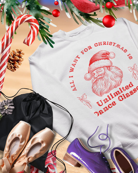 “All I Want for Christmas Is Unlimited Dance Classes” ADULT SWEATSHIRT Unisex Heavy Blend Crewneck with Vintage Santa – Festive Holiday Dance Sweatshirt for Dancers & Studios