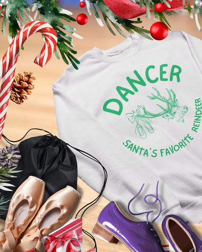 “Dancer, Santa’s Favorite Reindeer” ADULT TEE Unisex Long Sleeve with Vintage Reindeer Graphic – Festive Christmas Dance Tee for Dancers & Holiday Events