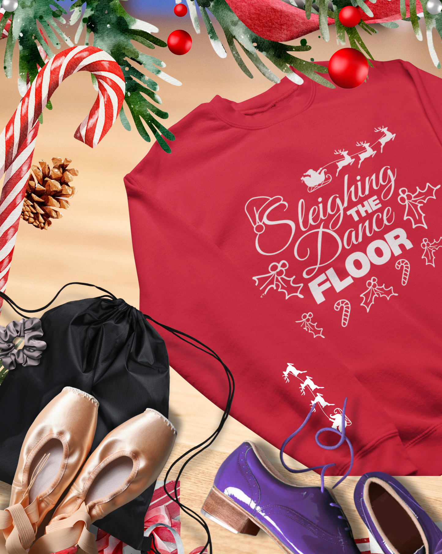 Red shirt with 'Sleighing the Dance Floor' text, surrounded by Christmas decorations and shoes.