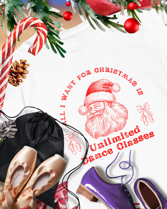 “All I Want for Christmas Is Unlimited Dance Classes” YOUTH TEE Short Sleeve with Vintage Santa – Festive Holiday Dance Tee for Dancers & Studios
