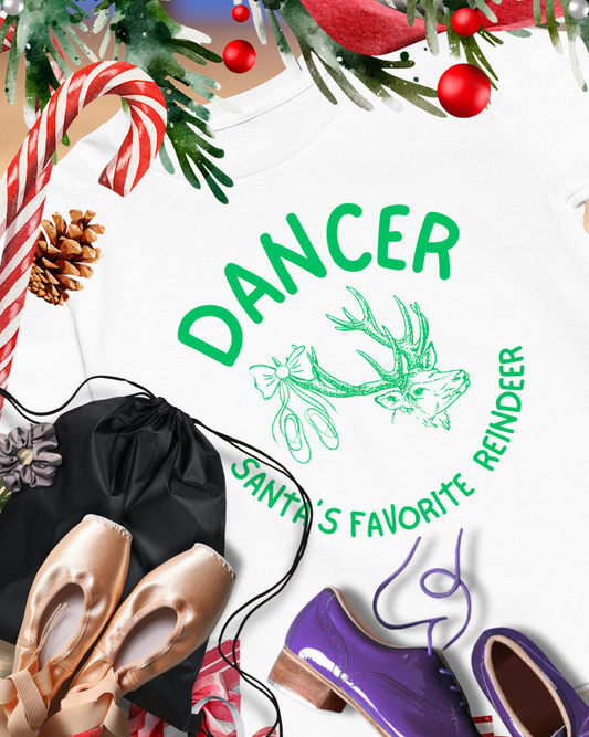 “Dancer, Santa’s Favorite Reindeer” YOUTH TEE Short Sleeve with Vintage Reindeer Graphic – Festive Christmas Dance Tee for Dancers & Holiday Events