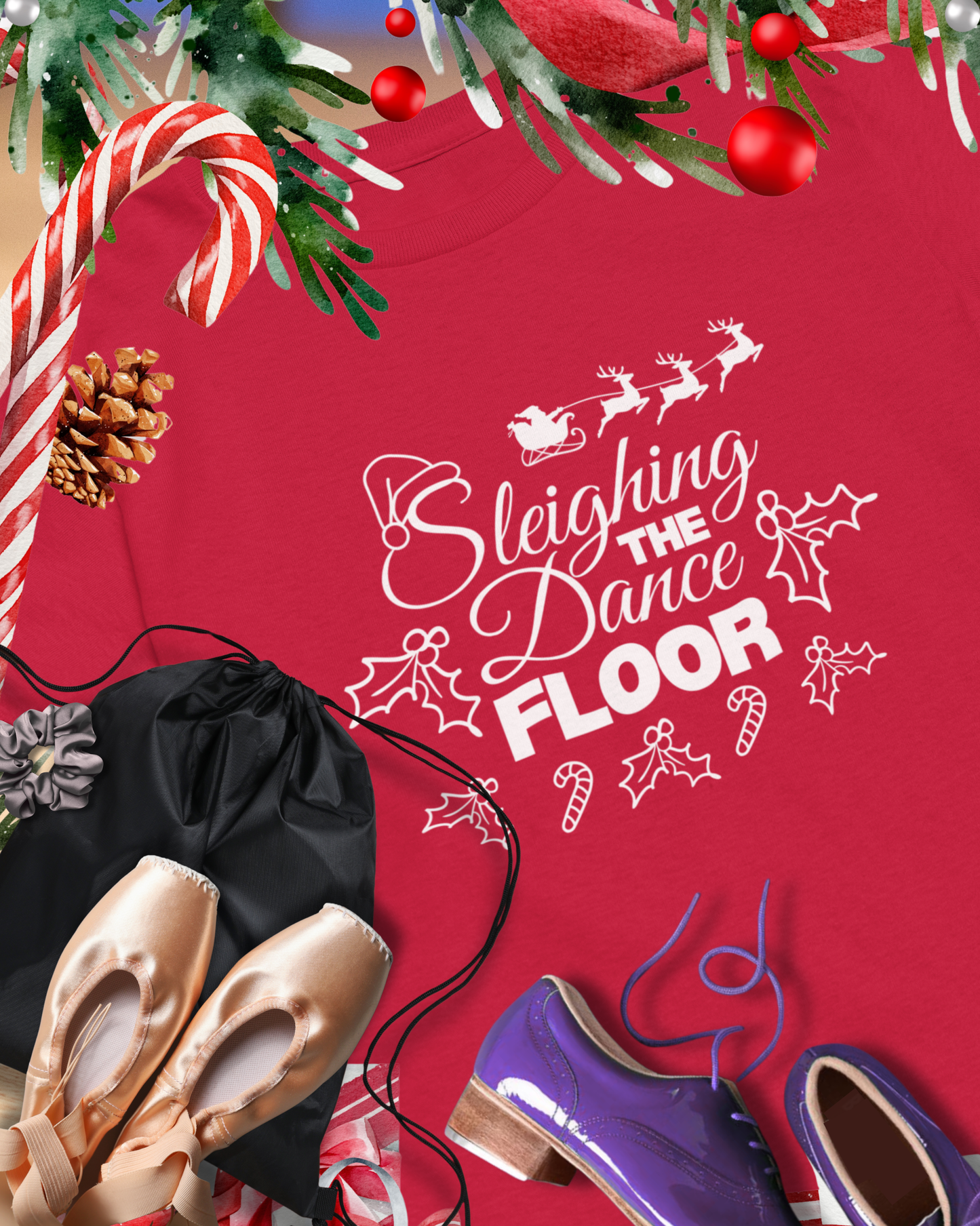 “Sleighing the Dance Floor” YOUTH TEE Short Sleeve with Santa’s Sleigh and Reindeer – Festive Christmas Dance Shirt for Kids and Young Dancers