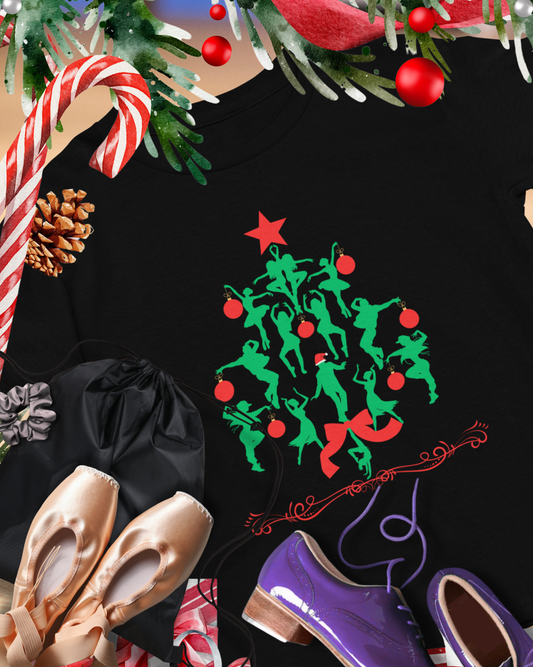 "Christmas Tree Dancer Silhouette" YOUTH TEE Short Sleeve – Festive Ballet & Dance Holiday Tee for Dancers, Teachers, and Studios