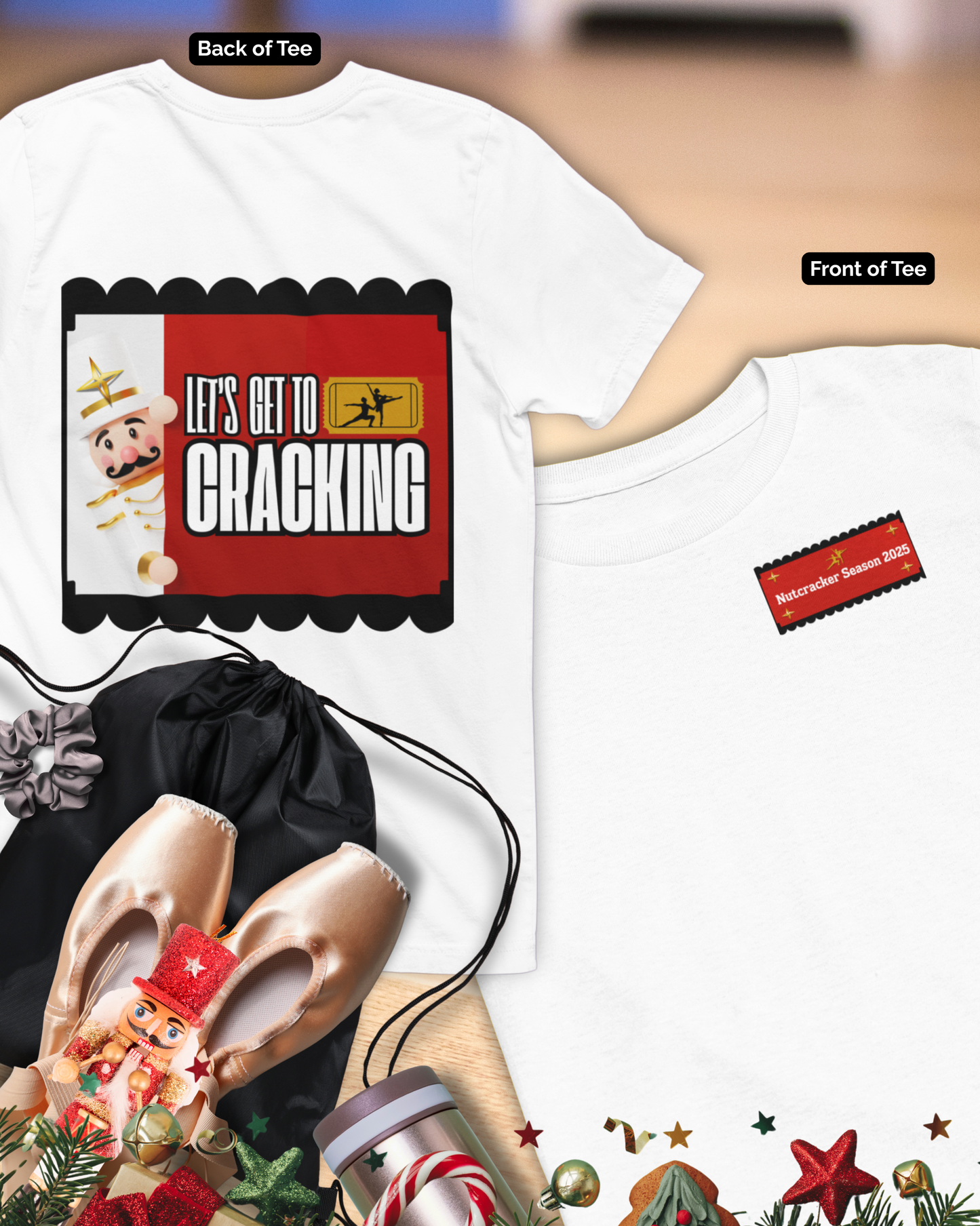 “Let’s Get to Cracking” YOUTH Back Print Tee + Nutcracker 2025 Front – Youth T-shirt | Ballet Holiday Dance Tee