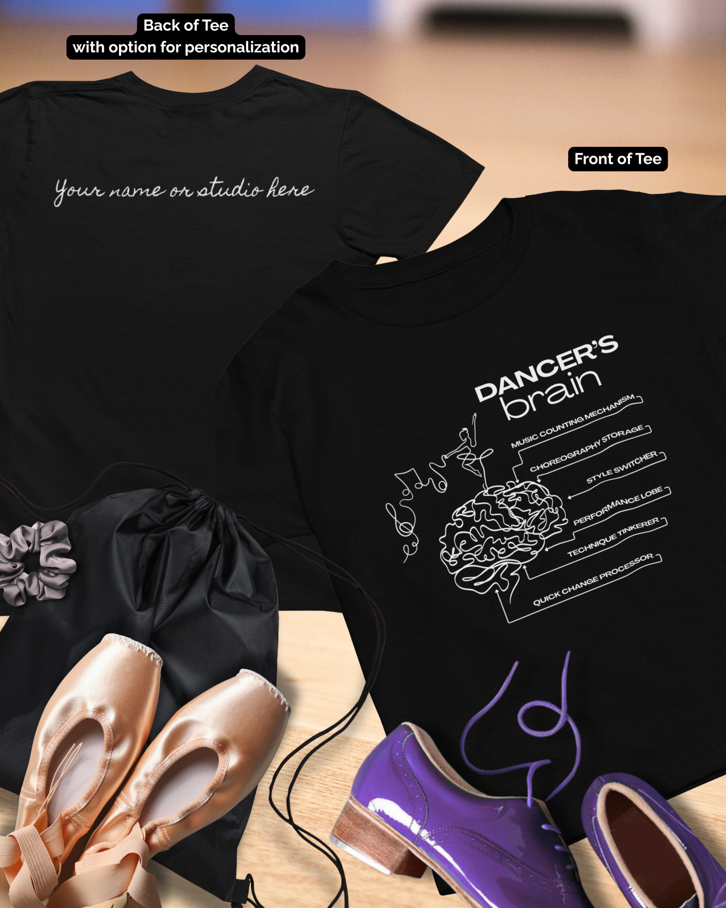 “Dancer’s Brain” Funny Dance Anatomy T-Shirt – Unisex Heavy Cotton Tee with Cute Dancer Brain Diagram and Optional Back Personalization