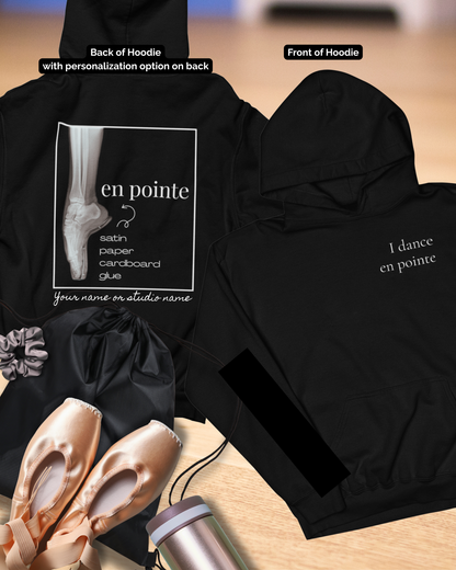 “I Dance En Pointe” Youth Pullover Hoodie with X-Ray Ballet Foot Graphic – Personalized Dance Hoodie for Kids, Custom Name or Studio Option